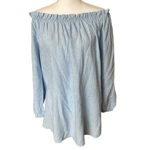 Jones New York Top Blouse Shirt Large Blue White Stripe Off Shoulder Linen Blend